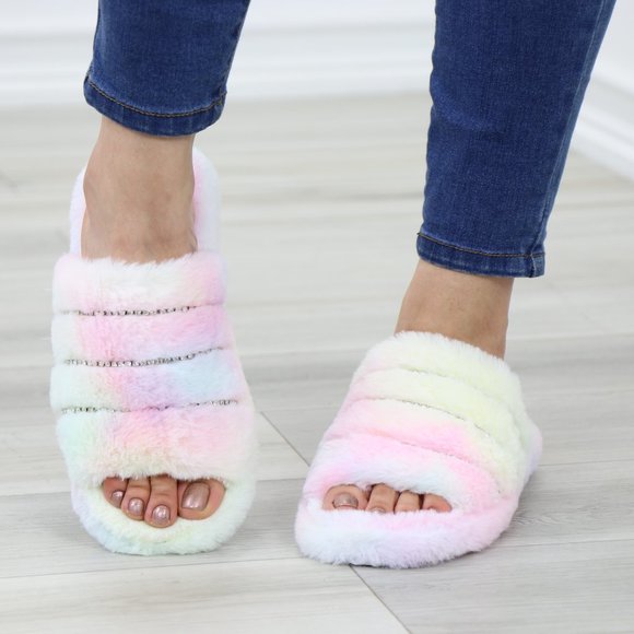 Tie Dye Puff Fuzzy Fluffy Slip On Plush Slippers Diamond Accents - Picture 15 of 15